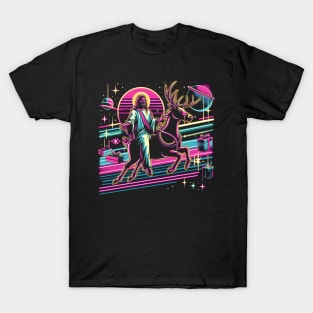 COOL JESUS RIDING RAINDEER UNIVERSE RETRO 80'S NEON VIBE T-Shirt